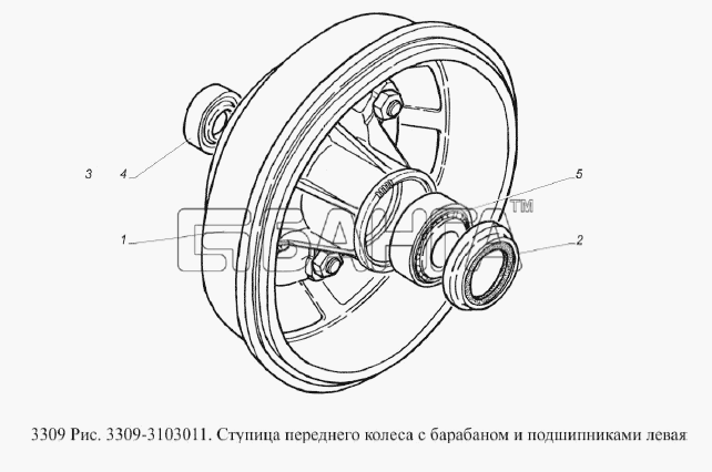 ГАЗ ГАЗ-3309 (Евро 2) Схема Ступица переднего колеса с барабаном и